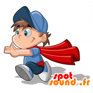 Mascotte d'enfant aux yeux bleus avec une grande cape rouge - MASFR029184 - Mascottes 2D/3D