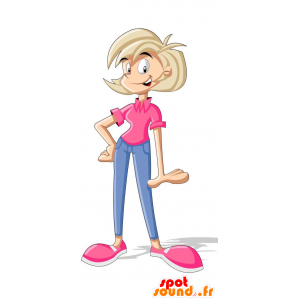 Mascotte de femme blonde en tenue rose et bleue - MASFR029189 - Mascottes 2D/3D