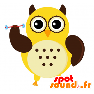 Gul och brun uggelmaskot med stora ögon - Spotsound maskot