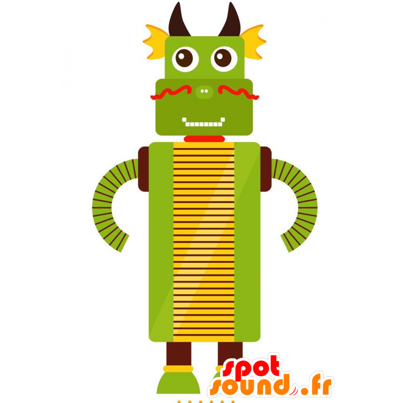 Grön och gul drakmaskot. Robotmaskot - Spotsound maskot