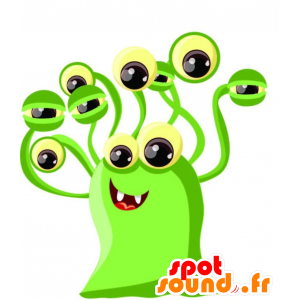 Mascote monstro verde, sorrindo, com 10 olhos - MASFR029236 - 2D / 3D mascotes