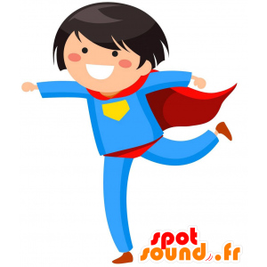 La mascota de superhéroes con un mono azul, rojo y amarillo - MASFR029294 - Mascotte 2D / 3D