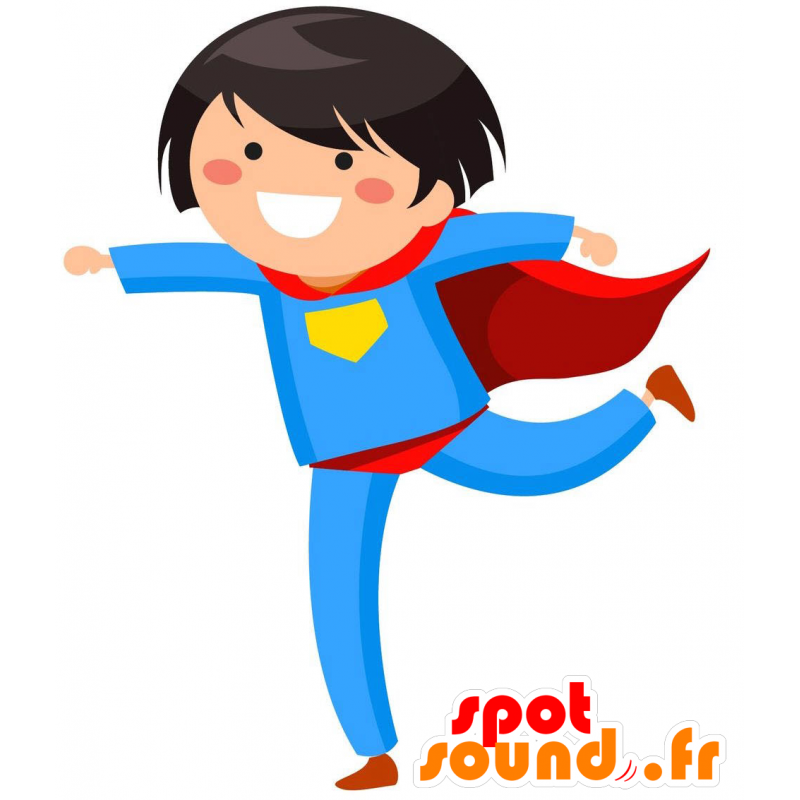 La mascota de superhéroes con un mono azul, rojo y amarillo - MASFR029294 - Mascotte 2D / 3D