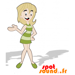 Mascotte de femme blonde, avec une robe verte à rayures - MASFR029309 - Mascottes 2D/3D