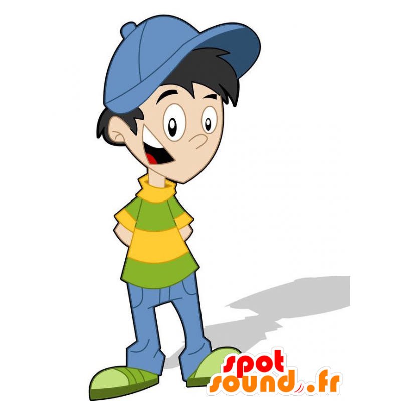 Boy Mascot blauwe outfit, groen en geel - MASFR029311 - 2D / 3D Mascottes