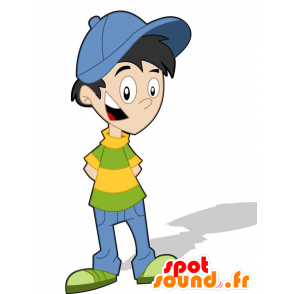 Pojkemaskot i blå, grön och gul outfit - Spotsound maskot