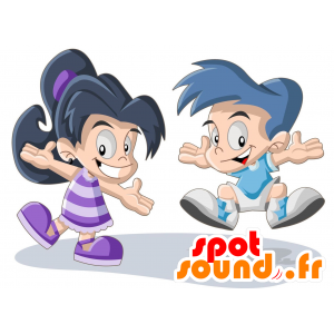 2 Maskottchen, ein Mädchen und ein Junge mit blauen Haaren - MASFR029318 - 2D / 3D Maskottchen