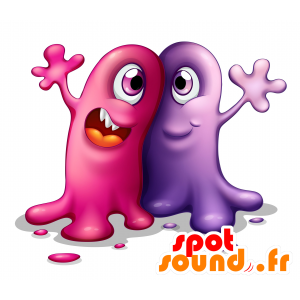 2 mascotas: un monstruo monstruo de color rosa y púrpura - MASFR029319 - Mascotte 2D / 3D