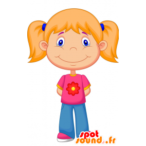 Blondi tyttö maskotti, pukeutunut pinkki ja sininen - MASFR029337 - Mascottes 2D/3D