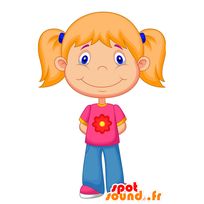 Blonde meisje mascotte, gekleed in roze en blauw - MASFR029337 - 2D / 3D Mascottes