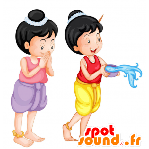 2 mascottes de filles japonaises aux cheveux noirs - MASFR029360 - Mascottes 2D/3D