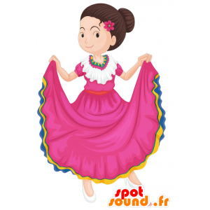 Mascotte de fillette avec les cheveux bruns et une robe rose - MASFR029365 - Mascottes 2D/3D