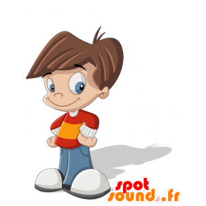 Mascotte kleine jongen gekleed in oranje, rood en blauw - MASFR029400 - 2D / 3D Mascottes