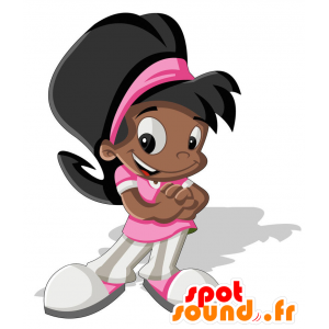 Mascota del negro de la muchacha, muñeca con el vestido rosado - MASFR029406 - Mascotte 2D / 3D