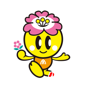 Fiore rosa e mascotte gialla, simpatico e sorridente - MASFR029521 - Mascotte 2D / 3D