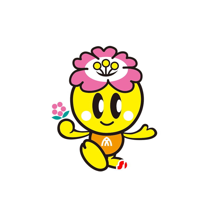 Fiore rosa e mascotte gialla, simpatico e sorridente - MASFR029521 - Mascotte 2D / 3D