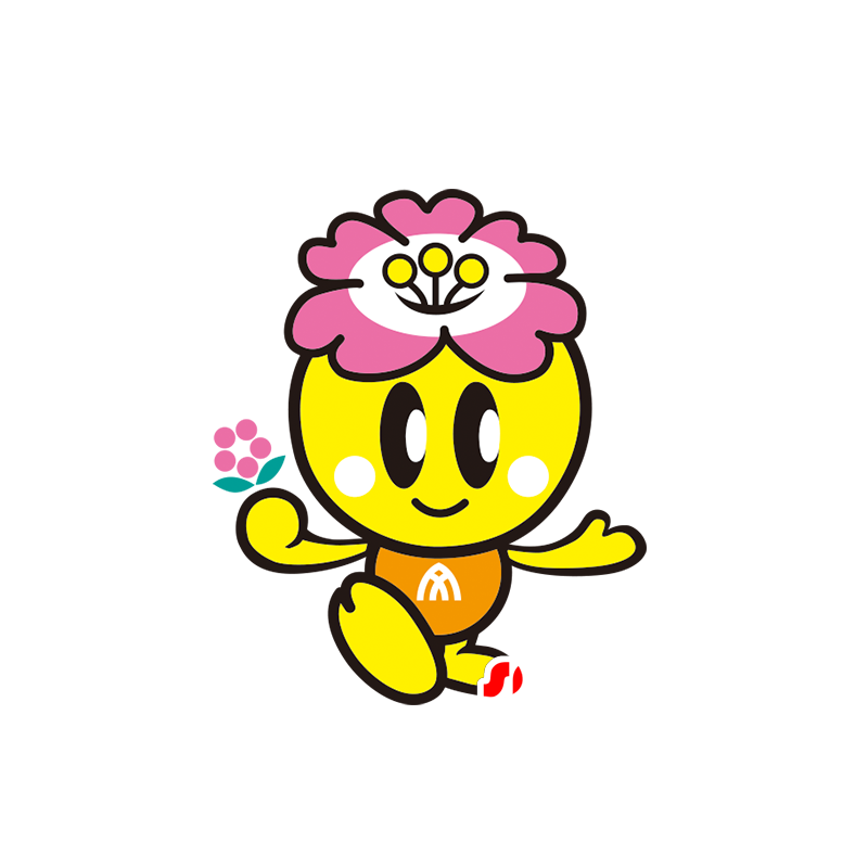 Roze bloem en gele mascotte, schattig en glimlachen - MASFR029521 - 2D / 3D Mascottes