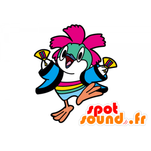 Mascotte uccello giallo, blu e rosa, divertente e colorato - MASFR029577 - Mascotte 2D / 3D