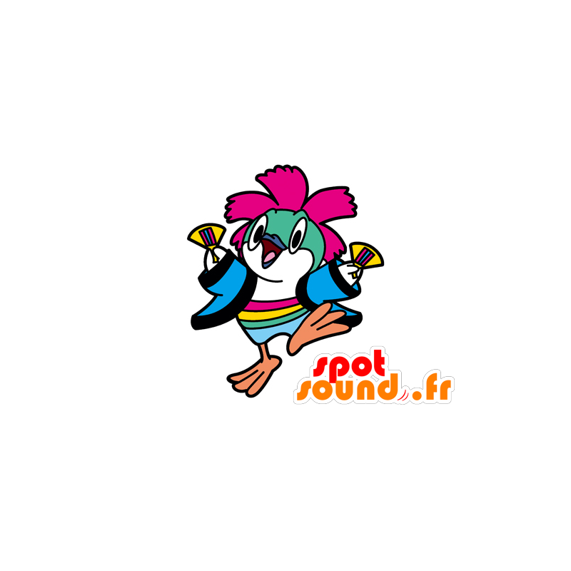 Mascotte d'oiseau jaune, bleu et rose, fun et coloré - MASFR029577 - Mascottes 2D/3D