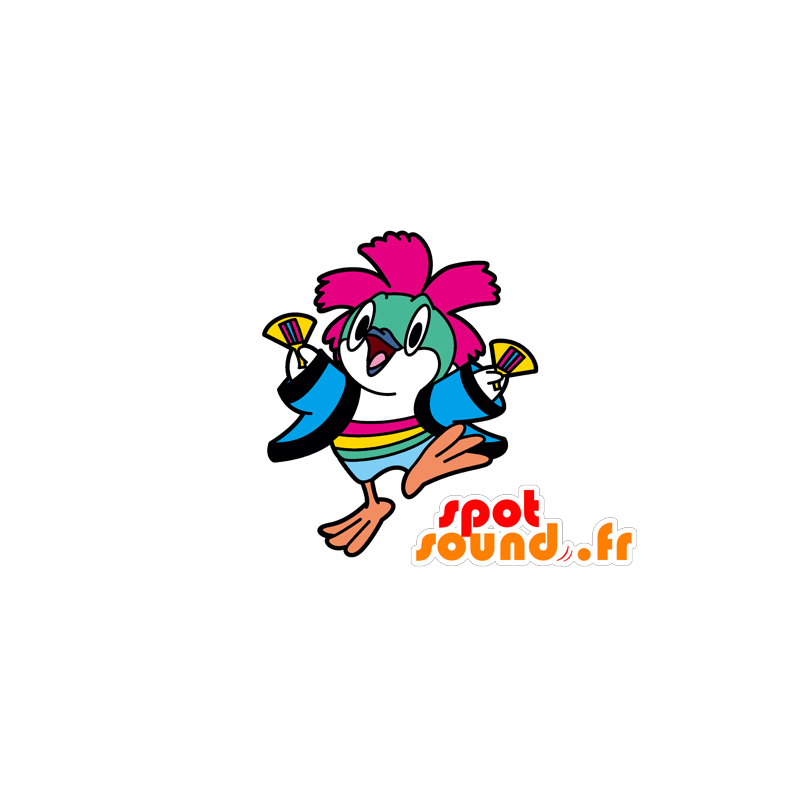 Mascot keltainen lintu, sininen ja vaaleanpunainen, hauska ja värikäs - MASFR029577 - Mascottes 2D/3D