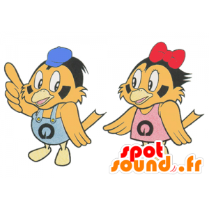 2 mascots of beige birds, dressed in pink and blue - MASFR029605 - 2D / 3D mascots