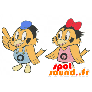 2 maskoter av beige fugler, kledd i rosa og blått - MASFR029605 - 2D / 3D Mascots