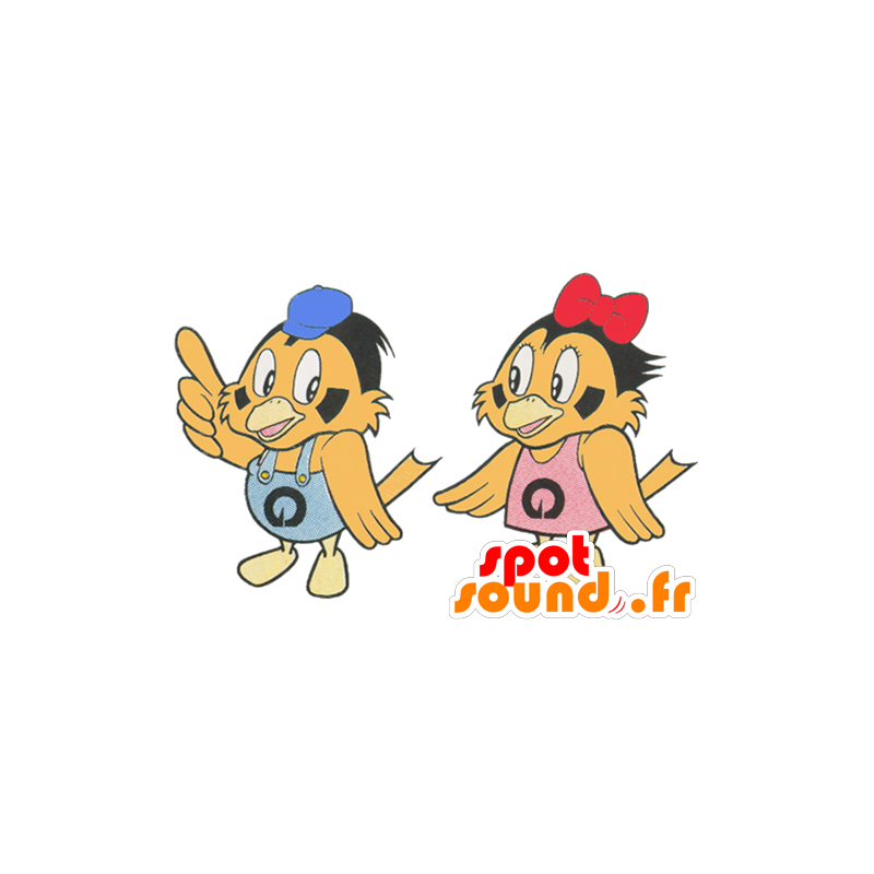 2 mascots of beige birds, dressed in pink and blue - MASFR029605 - 2D / 3D mascots