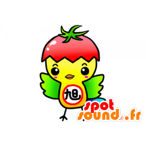 Kanarische gelben Maskottchen mit einer Tomate auf dem Kopf - MASFR029607 - 2D / 3D Maskottchen