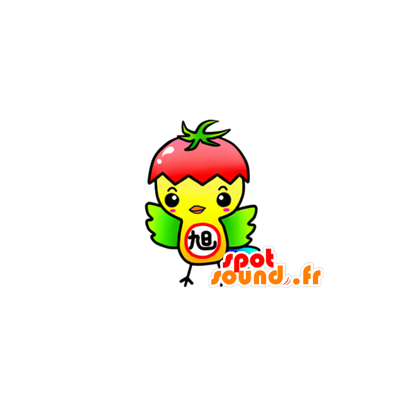 Kanarische gelben Maskottchen mit einer Tomate auf dem Kopf - MASFR029607 - 2D / 3D Maskottchen