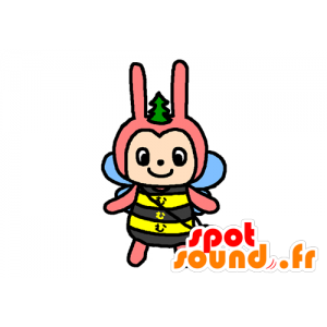 Mascote inseto, abelha amarelo, preto, rosa e azul - MASFR029619 - 2D / 3D mascotes