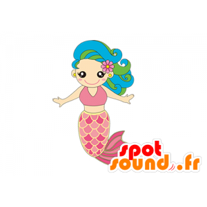 Mascot sirena bonita de color rosa con el pelo azul - MASFR029623 - Mascotte 2D / 3D