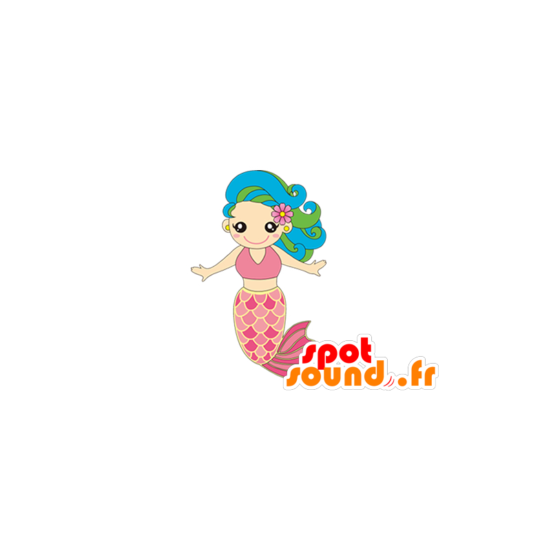 Maskott söt rosa sjöjungfru med blått hår - Spotsound maskot
