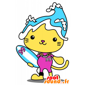 Žlutá kočka maskot s vlnou na hlavě - MASFR029636 - 2D / 3D Maskoti