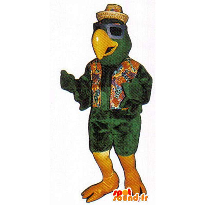 Groene papegaai mascotte gekleed vakantieganger - MASFR007472 - mascottes papegaaien