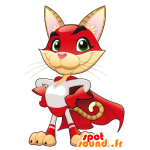 Beige und rosa Katze Maskottchen Outfit mit einem Superhelden - MASFR029675 - 2D / 3D Maskottchen