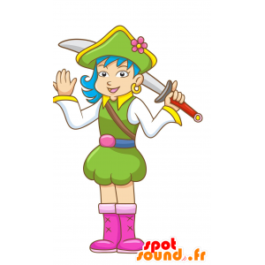 Mascotte de femme pirate, habillée en vert, jaune et blanc - MASFR029690 - Mascottes 2D/3D