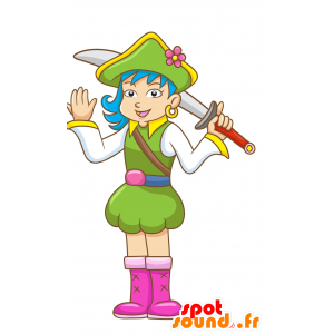 Mascot pirat kvinde, klædt i grøn, gul og hvid - Spotsound