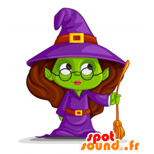 Grøn heksemaskot klædt i lilla - Spotsound maskot kostume