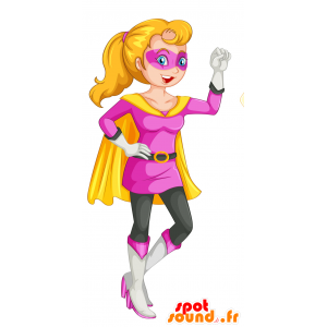 Mascot woman in pink and yellow superhero outfit - MASFR029741 - 2D / 3D mascots