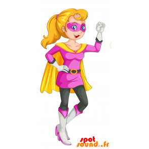 Mascota de la mujer en traje de color rosa y amarillo de superhéroes - MASFR029741 - Mascotte 2D / 3D