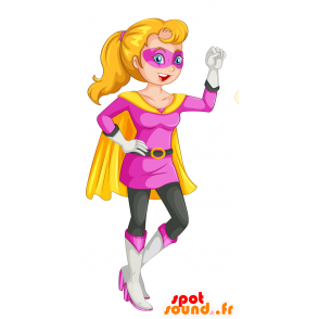 Mascotte de femme en tenue de super-héros rose et jaune - MASFR029741 - Mascottes 2D/3D