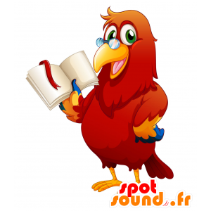 Mascot van rode, gele en blauwe papegaai met een bril - MASFR029761 - 2D / 3D Mascottes