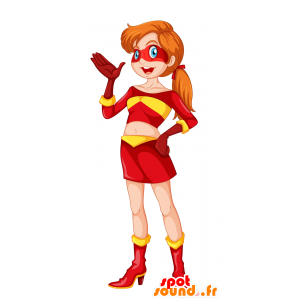 Mascotte de femme en tenue de super-héros jaune et rouge - MASFR029778 - Mascottes 2D/3D