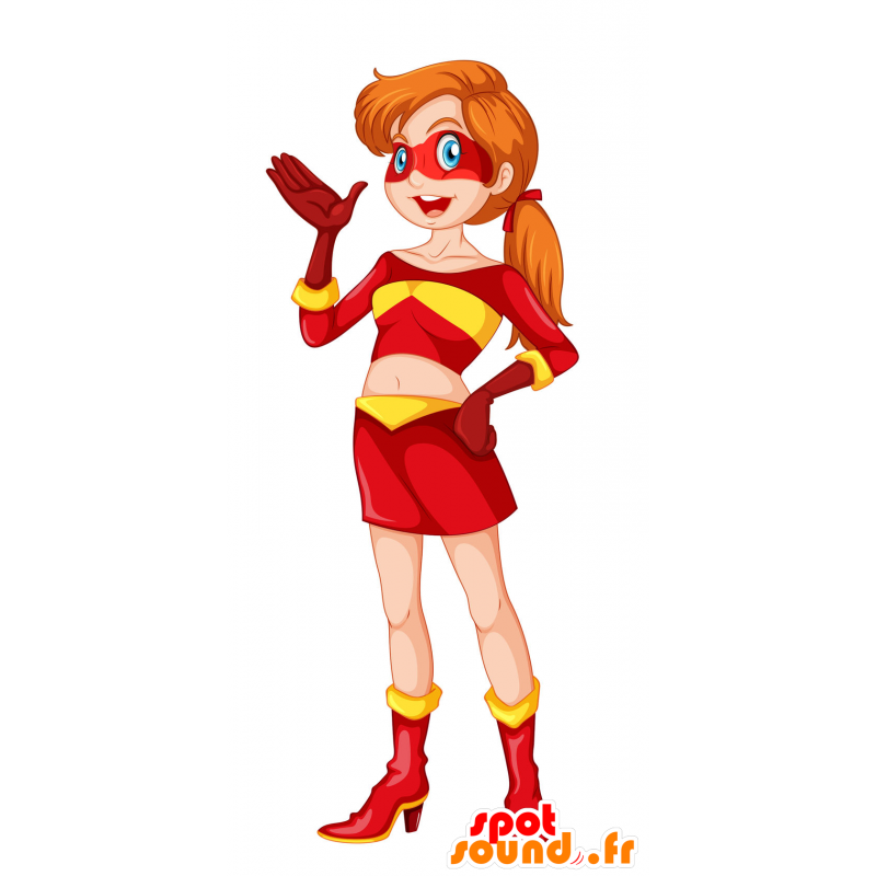 Kvindemaskot i gul og rød superheltøj - Spotsound maskot kostume