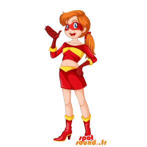 Mascotte de femme en tenue de super-héros jaune et rouge - MASFR029778 - Mascottes 2D/3D