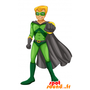 Super-herói mascote vestida de verde com uma grande capa - MASFR029780 - 2D / 3D mascotes