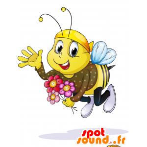 Yellow bee mascot, brown and black, very smiling - MASFR029789 - 2D / 3D mascots