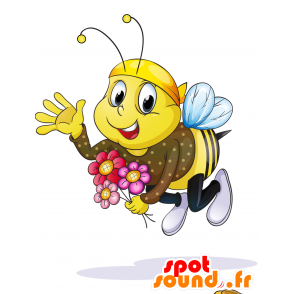 Keltainen bee maskotti, ruskea ja musta, erittäin hymyilevä - MASFR029789 - Mascottes 2D/3D