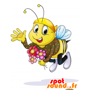 Žlutá včela maskota, hnědé a černé, velmi usměvavá - MASFR029789 - 2D / 3D Maskoti