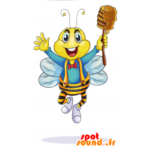 Mascotte d'abeille jaune, bleue et noire avec une salopette - MASFR029791 - Mascottes 2D/3D